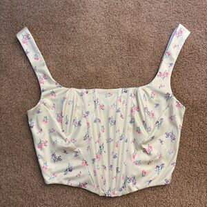 Floral Square-Neck Crop Top in Cream with Pink & Purple Flowers
